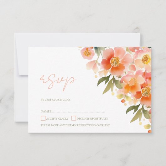 水モダン色オレンジピーチフローラ結婚ズ 出欠カード (正面)