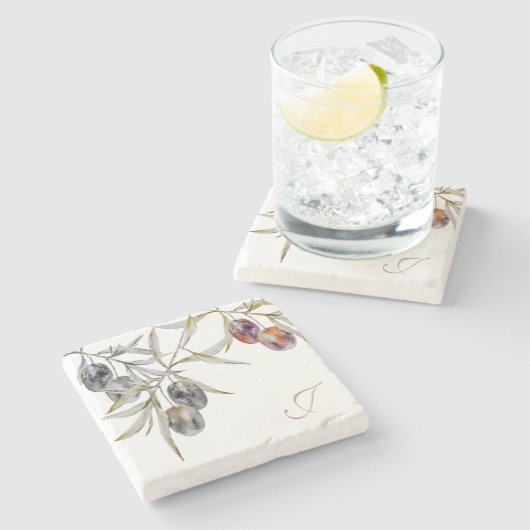 水モダン色オ素朴リーブ枝モノグラム ストーンコースター (横)