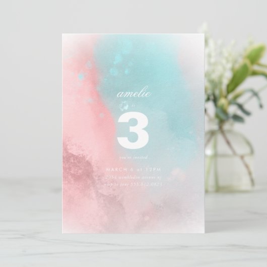 水モダン色カスタム子供の誕生日 招待状 (スタンド正面)