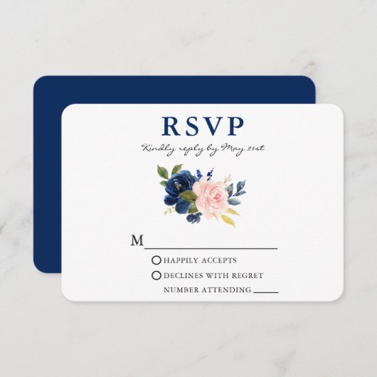 水モダン色クラシック青ピンクフローラ結婚 出欠カード (正面/裏面)