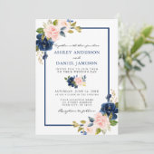 水モダン色クラシック青ピンクフローラ結婚 招待状 (スタンド正面)