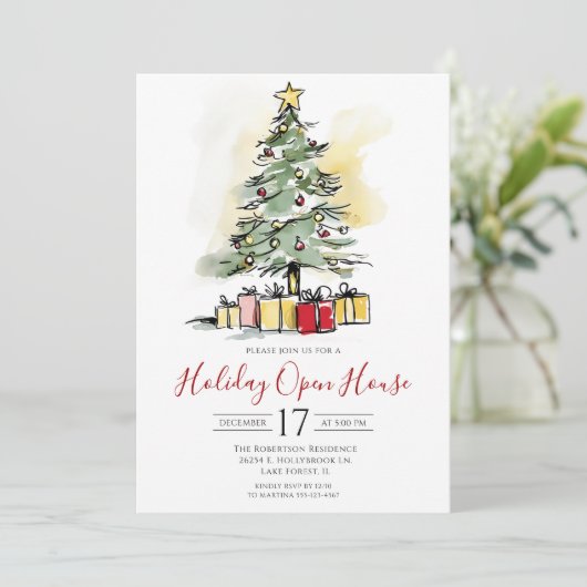 水モダン色クリスマスツリーオープンハウス 招待状 (スタンド正面)
