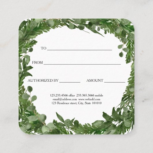 水モダン色クリスマスツリーギフト証明書 割引カード (裏面)