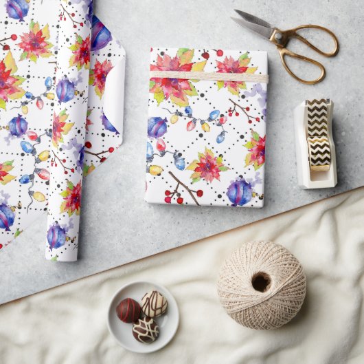 水モダン色クリスマスホリデーフローラルパターン ラッピングペーパー (クラフト)