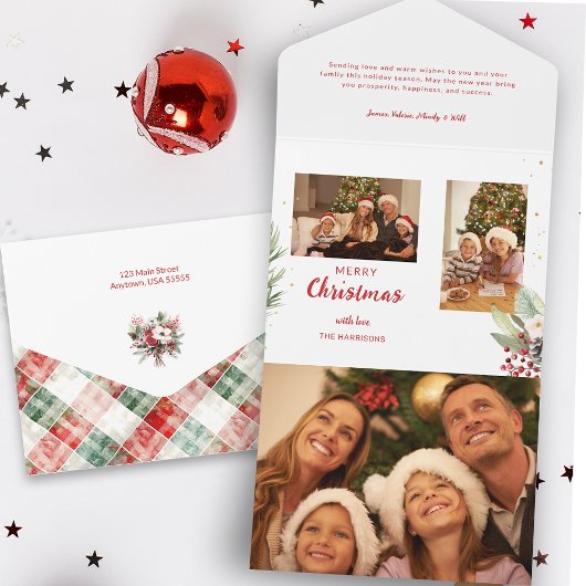 水モダン色クリスマスボタニカルツーフォト オールインワン招待状