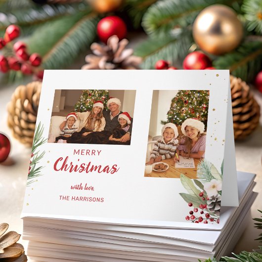 水モダン色クリスマスボタニカルツーフォト カード