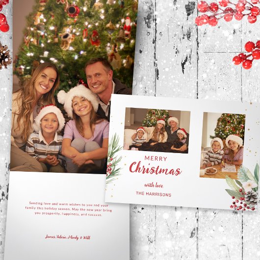 水モダン色クリスマスボタニカルツーフォト 三つ折りクリスマスカード