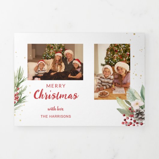 水モダン色クリスマスボタニカルツーフォト 三つ折りクリスマスカード (カバー)