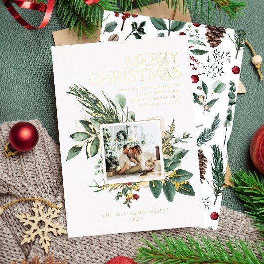 水モダン色クリスマスボタニカルワンフォト 箔シーズンカード