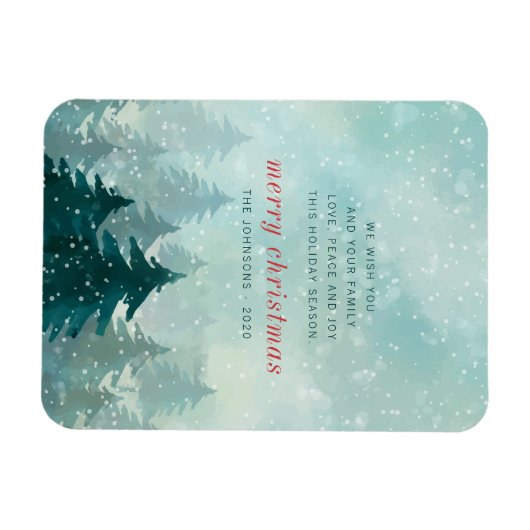 水モダン色クリスマス冬の雪の森 マグネット (横)