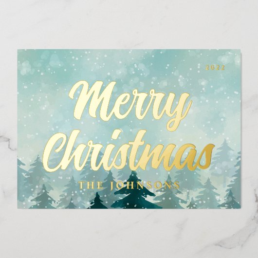 水モダン色クリスマス冬の雪の森 箔シーズンカード (正面)