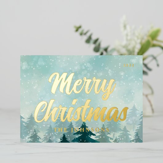 水モダン色クリスマス冬の雪の森 箔シーズンカード (立ち正面)