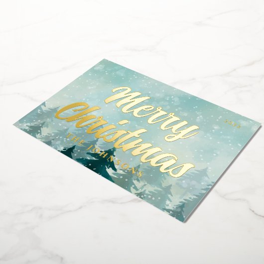 水モダン色クリスマス冬の雪の森 箔シーズンカード (回転した状態)