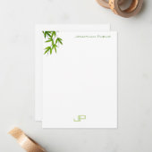 水モダン色グエレガントリーン葉モノグラム ノートカード (正面/裏面インサイチュ)