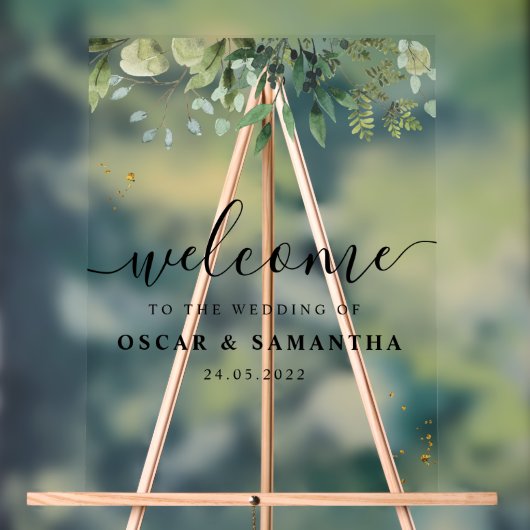 水モダン色グリーン葉ブランチ アクリルサイン (ニュートラル)