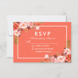 水モダン色コーラルフローラホワイトRSVP結婚's 出欠カード