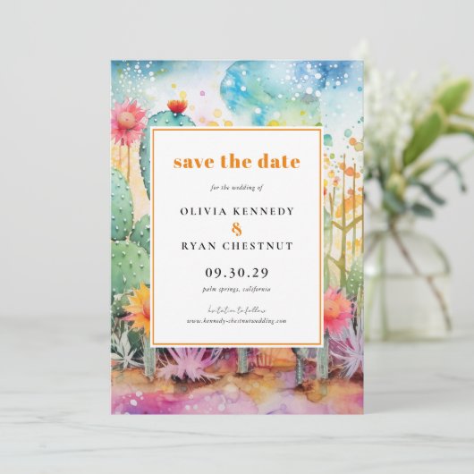 水モダン色サウスウェスト砂漠の日付を保存 招待状 (スタンド正面)