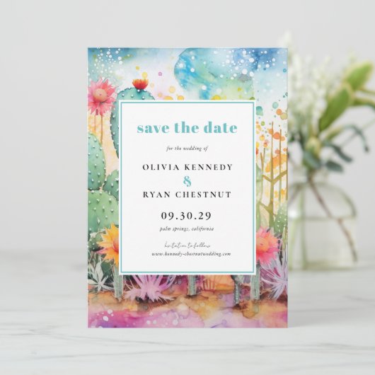 水モダン色サウスウェスト砂漠の日付を保存 招待状 (スタンド正面)