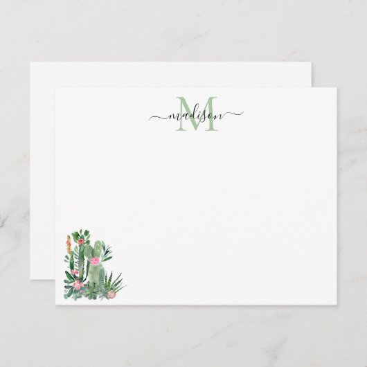 水モダン色サボテンフローラ砂漠モノグラム ノートカード (正面/裏面)