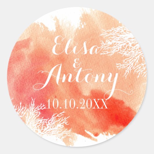 水モダン色サンゴ礁の結婚式日付を保存 ラウンドシール (正面)