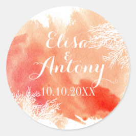 水モダン色サンゴ礁の結婚式日付を保存 ラウンドシール