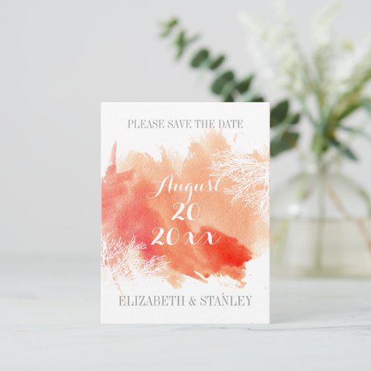 水モダン色サンゴ礁の結婚式日付を保存 案内ポストカード (スタンド正面)