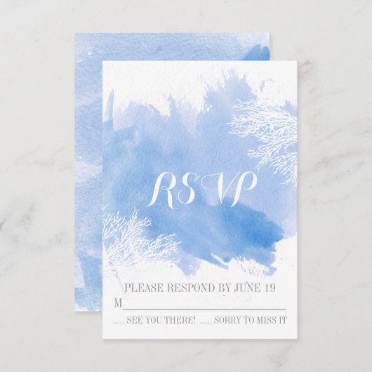 水モダン色サンゴ礁ブルーウェディングRSVP 出欠カード (正面/裏面)