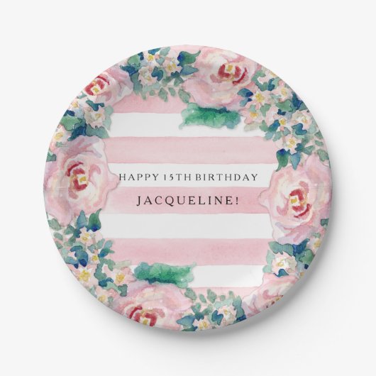 水モダン色シック幅ストライプバラ ペーパープレート (正面)