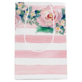 水モダン色シック幅ストライプバラ ミディアムペーパーバッグ (正面)