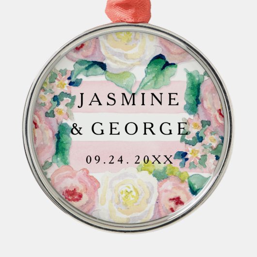 水モダン色シック幅ストライプバラ メタルオーナメント (正面)