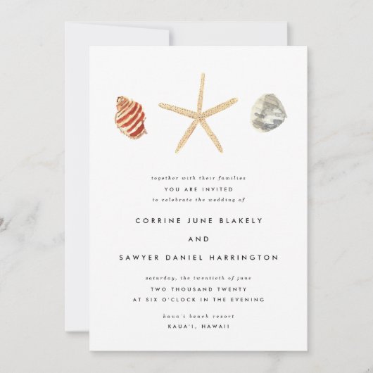 水モダン色シーシェル結婚式招待状 セーブザデート (正面)