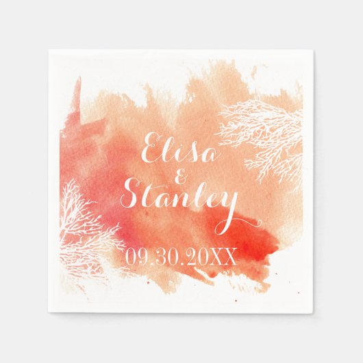 水モダン色スプラッシュコーラルリーフピーチ結婚ー スタンダードカクテルナプキン (正面)