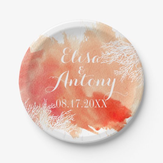 水モダン色スプラッシュコーラル結婚リーフ ペーパープレート (正面)