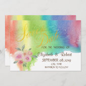 水モダン色スプラッシュフラワー日付の保存 セーブザデート (正面/裏面)