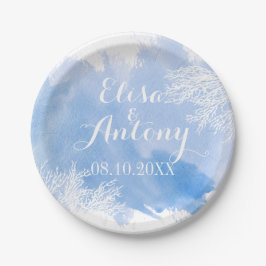 水モダン色スプラッシュブルーコーラルリーフ結婚 ペーパープレート