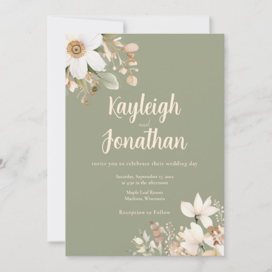 水モダン色セージ緑のフローラ結婚ズ 招待状 (正面)