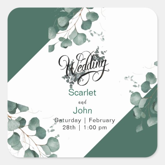 水モダン色セージ緑ユーカリ結婚カリ スクエアシール (正面)