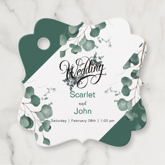 水モダン色セージ緑ユーカリ結婚カリ フェイバータグ (正面)