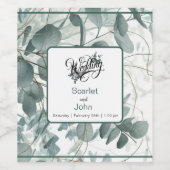 水モダン色セージ緑ユーカリ結婚カリ ワインラベル (シングルラベル)