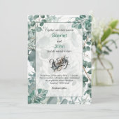水モダン色セージ緑ユーカリ結婚カリ 招待状 (スタンド正面)