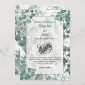 水モダン色セージ緑ユーカリ結婚カリ 招待状 (正面/裏面)