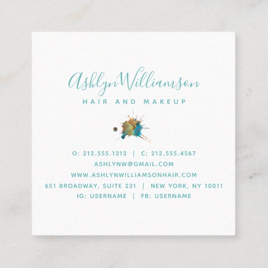 水モダン色ターコイズ金ゴールドオレンジ(ばちゃばちゃ)跳ねる スクエア名刺 (裏面)