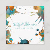 水モダン色ターコイズ金ゴールドオレンジ（ばちゃばちゃ）跳ねる スクエア名刺 (正面)