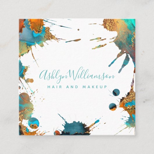 水モダン色ターコイズ金ゴールドオレンジ（ばちゃばちゃ）跳ねる スクエア名刺 (正面)