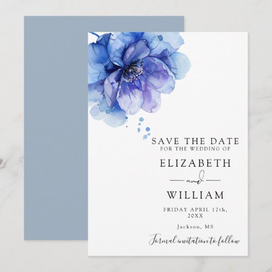 水モダン色ダスティブルーフローラ結婚ズ セーブザデート (正面/裏面)