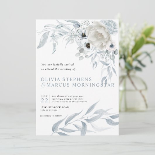 水モダン色ダスティブ淡い色のルーブルーフローラ 招待状 (スタンド正面)