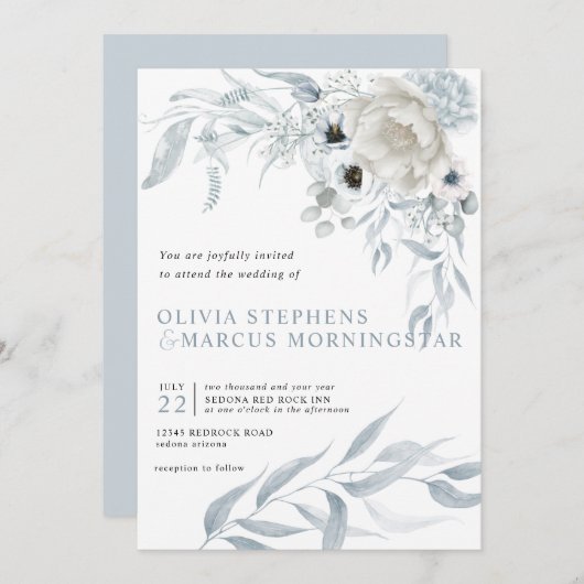 水モダン色ダスティブ淡い色のルーブルーフローラ 招待状 (正面/裏面)
