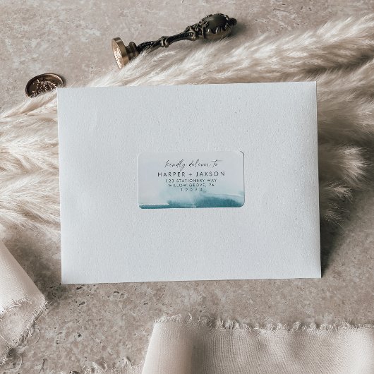 水モダン色ティール（緑がかった色）ウェディングRSVP住所 シール