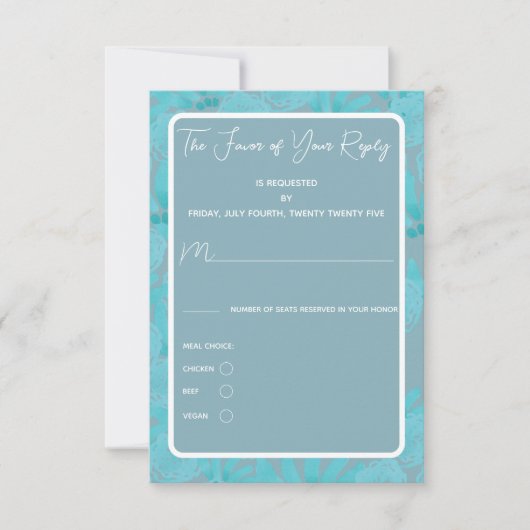 水モダン色ティール（緑がかった色）ブルーフローラデザイン 出欠カード (正面)