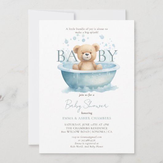 水モダン色テディベア青ベビーシャワー 招待状 (正面)